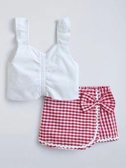 Hopscotch - Gingham Bow Applique Top With Skorts