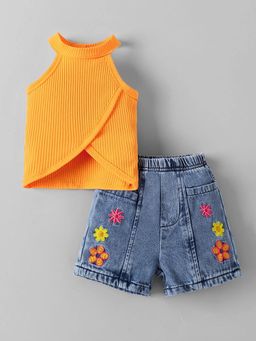 Hopscotch - Floral Embroidery T-Shirt With Shorts