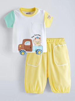 Hopscotch - Colorblock Vehicle Teddy Applique T-Shirt With Jogger