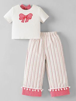 Hopscotch - Pom Pom Bow Applique Top With Pant