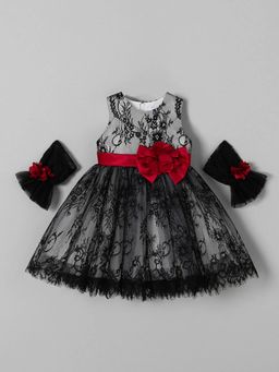 Hopscotch - Bow Applique Party Dress with Finger Sleeves