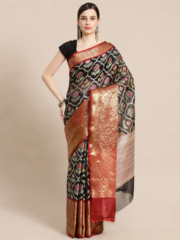 Banarasi Silk Works - Black & Maroon Kanchi Pattu Border Saree with Unstitched Blouse