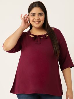 theRebelinme - Plus Size Womens Plum Solid Color Neck Tie-up Detail Woven Top