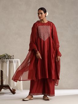 WeaverStory - Maroon Chanderi Embroidered Kurta with Palazzo and Organza Dupatta (Set of 3)
