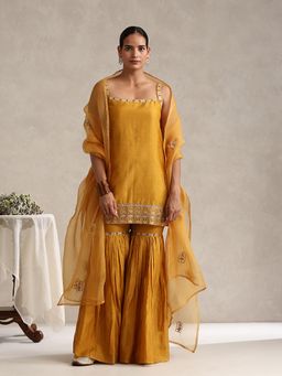 WeaverStory - Mustard Chanderi Embroidered Kurta with Sharara and Organza Dupatta (Set of 3)