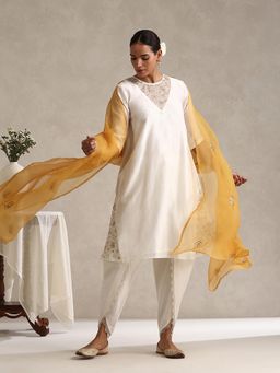 WeaverStory - Off White Chanderi Embroidered Kurta with Dhoti and Dupatta (Set of 3)