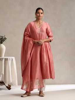 WeaverStory - Chanderi Embroidered Gathered Anarkali with Pant and Dupatta (Set of 3)