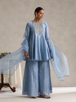 WeaverStory - Chanderi Light Blue Embroidered Kurta with Palazzo and Dupatta (Set of 3)