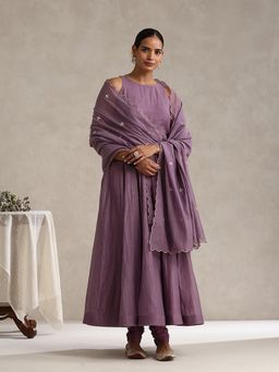 WeaverStory - Purple Chanderi Embroidered Anarkali with Churidar with Dupatta (Set of 3)