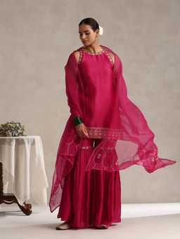 WeaverStory - Fuchsia Pink Chanderi Embroidered Sharara with Kurti and Dupatta (Set of 3)
