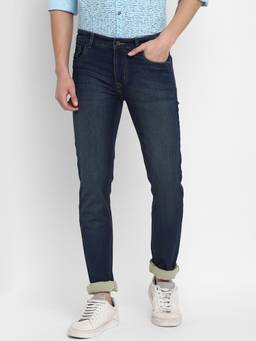 Turtle - Men Cotton Stretch Solid Straight Fit Navy Blue Jeans