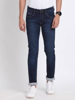 Turtle - Men Cotton Stretch Solid Straight Fit Navy Blue Jeans