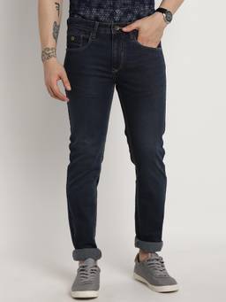 Turtle - Men Cotton Stretch Solid Straight Fit Navy Blue Jeans
