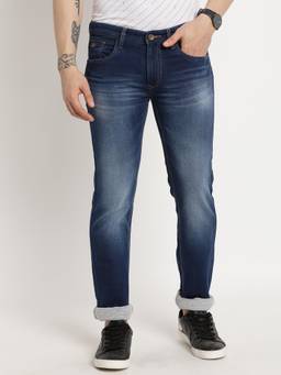 Turtle - Men Cotton Stretch Solid Straight Fit Navy Blue Jeans