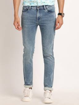 Turtle - Men Cotton Stretch Solid Straight Fit Light Blue Jeans