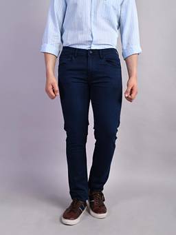 Turtle - Men Cotton Stretch Solid Straight Fit Denim Blue Jeans