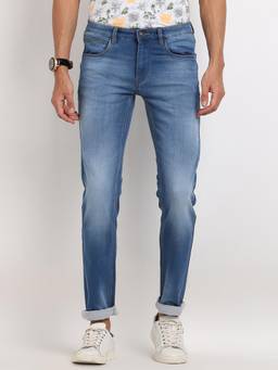 Turtle - Men Cotton Stretch Solid Straight Fit Light Blue Jeans