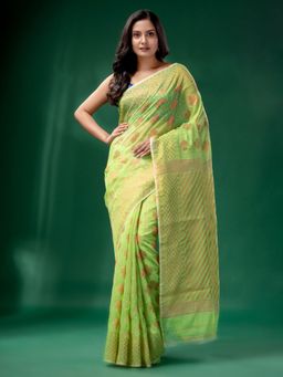 CHARUKRITI - Green Cotton Silk Handwoven Soft Jamdani Saree without Blouse