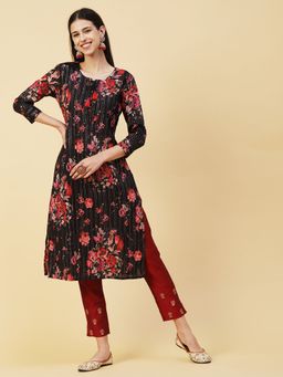 FASHOR - Floral Printed Woven Lurex Striped Pin-tucks Kurta - Black