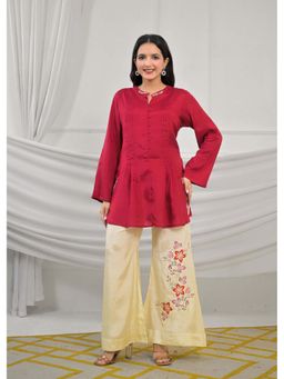 Autumnlane - Red Kara Punch Embroidery Premium Peplum Top and Palazzo