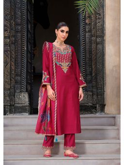 Autumnlane - Red Karwat Kurta with Pant and Dupatta