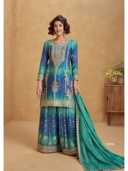 Autumnlane - Teal Mangal Hibis Kurti with Palazzo and Dupatta