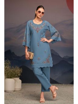 Autumnlane - Teal Mayuri Glacier Schiffili Embroidered Co-Ord Set