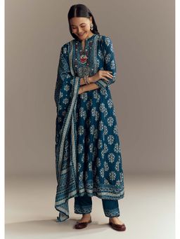 KALKI FASHION - Blue Muslin Printed Anarkali with Pant and Dupatta
