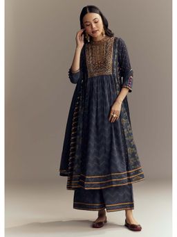 KALKI FASHION - Blue Silk Printed Anarkali with Palazzo and Dupatta