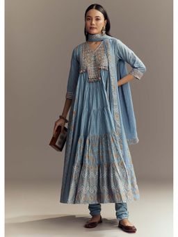 KALKI FASHION - Powder Blue Chanderi Printed Anarkali with Churidar and Dupatta
