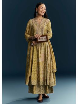 KALKI FASHION - Yellow Silk Printed Anarkali with Palazzo and Dupatta