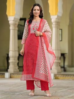 Rain & Rainbow - Red Women Floral Printed Kurta with Pant and Dupatta