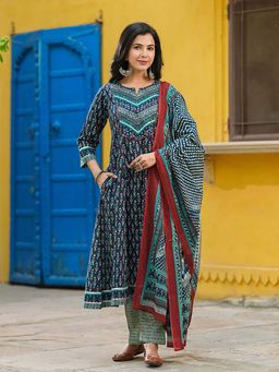 Rain & Rainbow - Blue Women Printed Anarkali with Pant and Dupatta