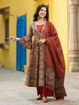 Rain & Rainbow - Red Women Printed Kurta with Pant and Dupatta