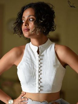 Suta - White Cotton Sleeveless Stitched Blouse