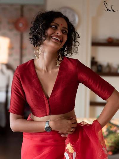 Red Artificial Silk Half Sleeve Stitched Blouse