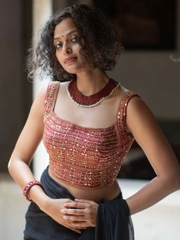 Suta - Maroon Cambric Sleeveless Embroidery Stitched Blouse