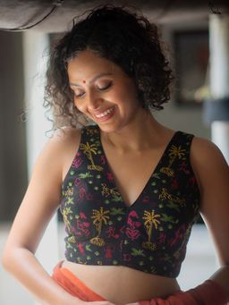 Suta - Black Cotton Sleeveless Embroidery Stitched Blouse