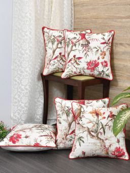 The Home Story - Cushion Covers Set of 5 - 16 x 16 Inches - Red Flowers & Birds