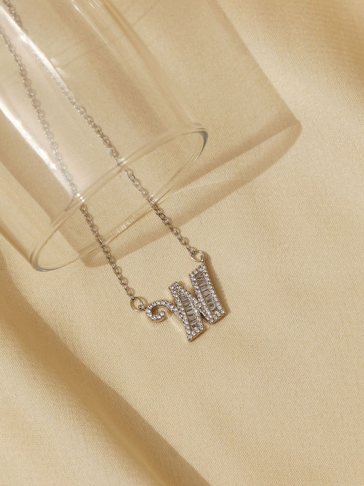 Pipa Bella by Nykaa Fashion Silver Crystal Studded W Initial Pendant and Chain