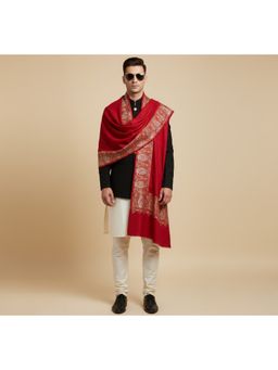 MUFFLY - Women’S Premium Woolen Shawl With Woven Zari Border For Men - Elegant Red
