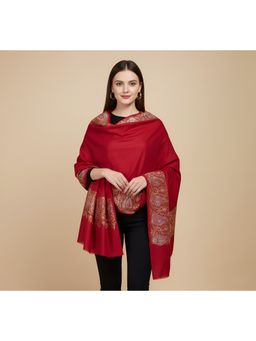 MUFFLY - Women's Premium Woolen Shawl With Woven Zari Border - Elegant Red