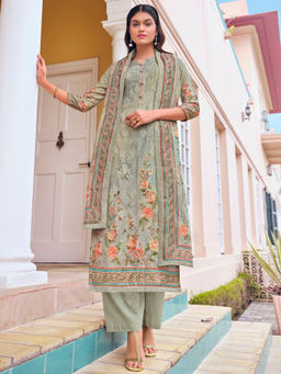 Stylee LIFESTYLE - Green Jam Satin Digital Printed Unstitched Dress Material (Set of 3)