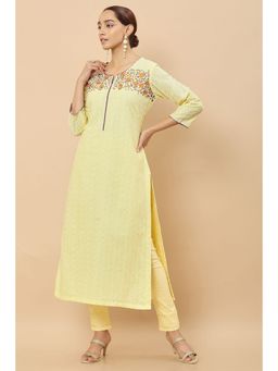 Soch - Women Yellow Cotton Floral Kurta