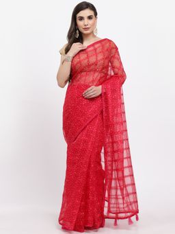 KISHORI - Women Dot & Checkered Print Organza Saree & Blouse Pink with Unstitched