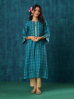 Mushio - Turquoise Checks Cotton Silk Janaki Kurta with Hand Embellished Buttons