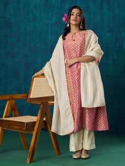 Mushio - Pink Zari Booti Kurta with Pants and Dupatta (Set of 3)