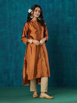 Mushio - Rust Habotai Silk Sanika Kurta with Pant (Set of 2)