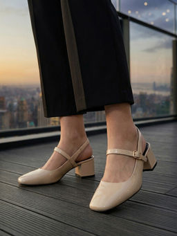 ELLE - Women'S Square Toe Block Sandal Heels-Cream