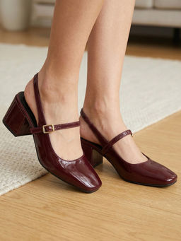 ELLE - Women'S Square Toe Block Sandal Heels-Maroon